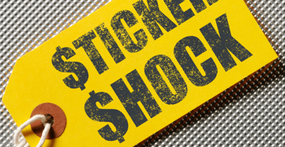 A large yellow price tag with the words “Sticker Shock.”