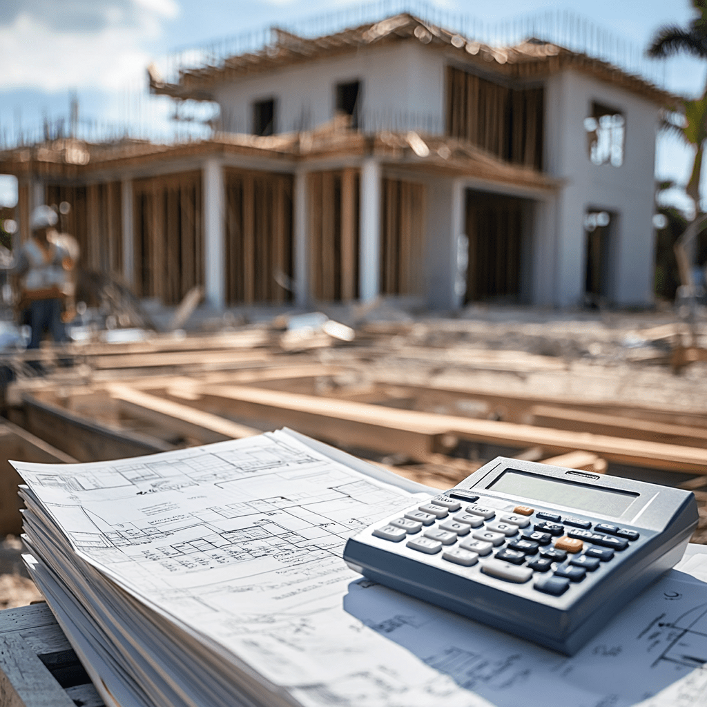 blueprints-calculator-construction Photo of blueprint and calculator with construction site background