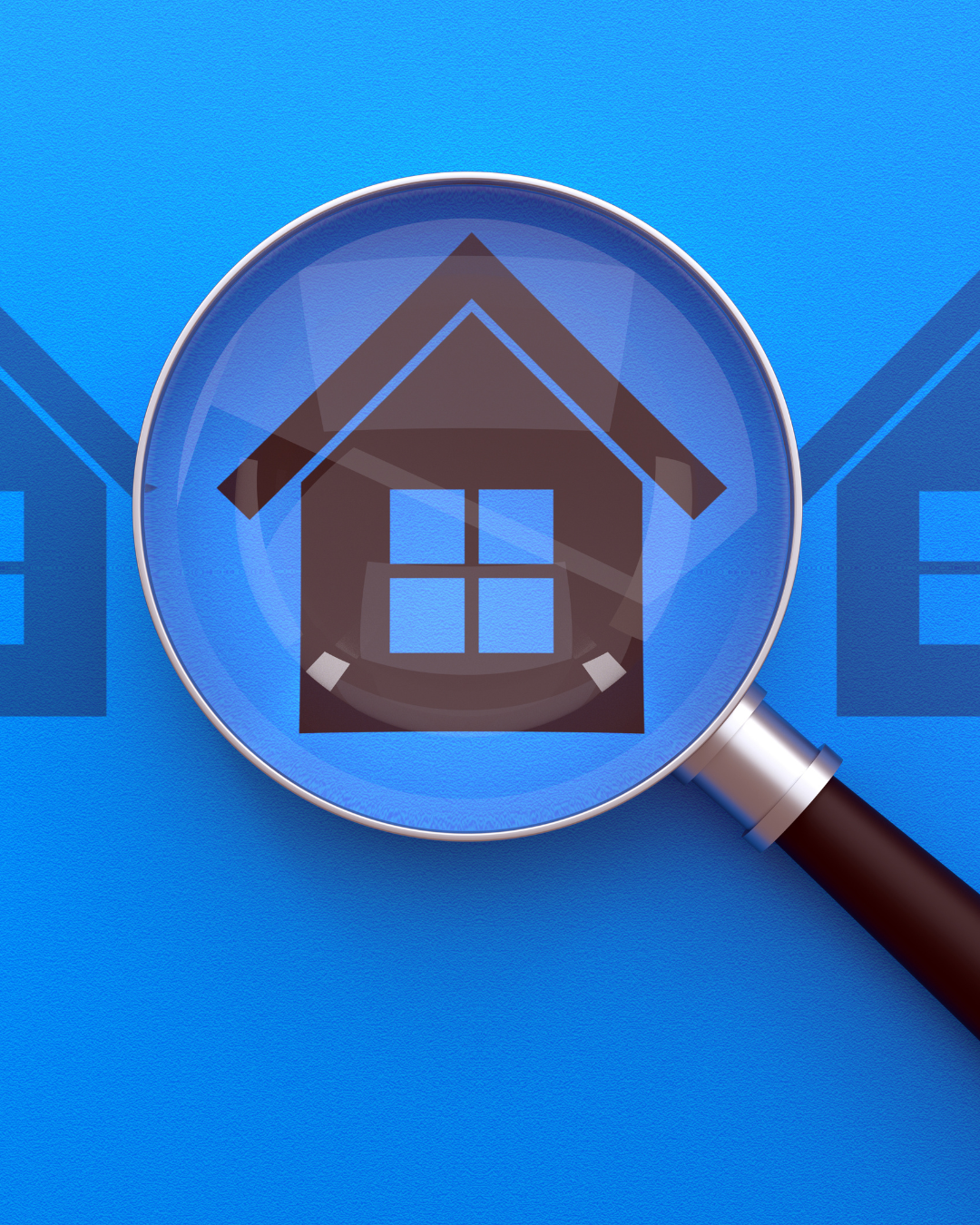 magnifying-glass-blue-house Graphic image of a magnifying glass focused on a picture of a house